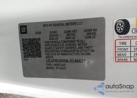 2020 Chevrolet Camaro Rwd 1Lt from USA, damaged, VIN 1G1FB1RX8L0146637